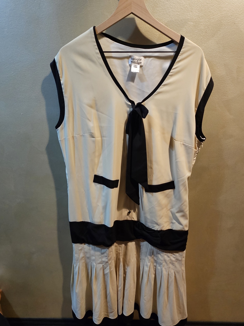 Unique Vintage Cream Dress with Black Trim and Front Tie